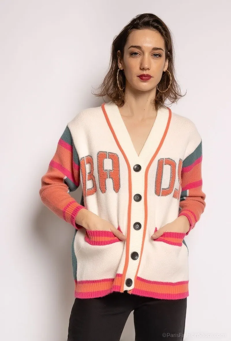 Colorblock cardigan with writing