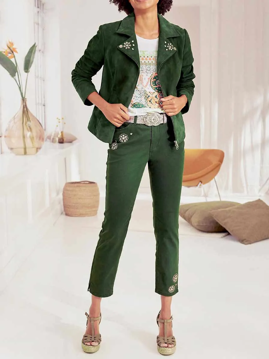 Damen Jacke Lederjacke grün Bikerjacke kurz mit Strass 40