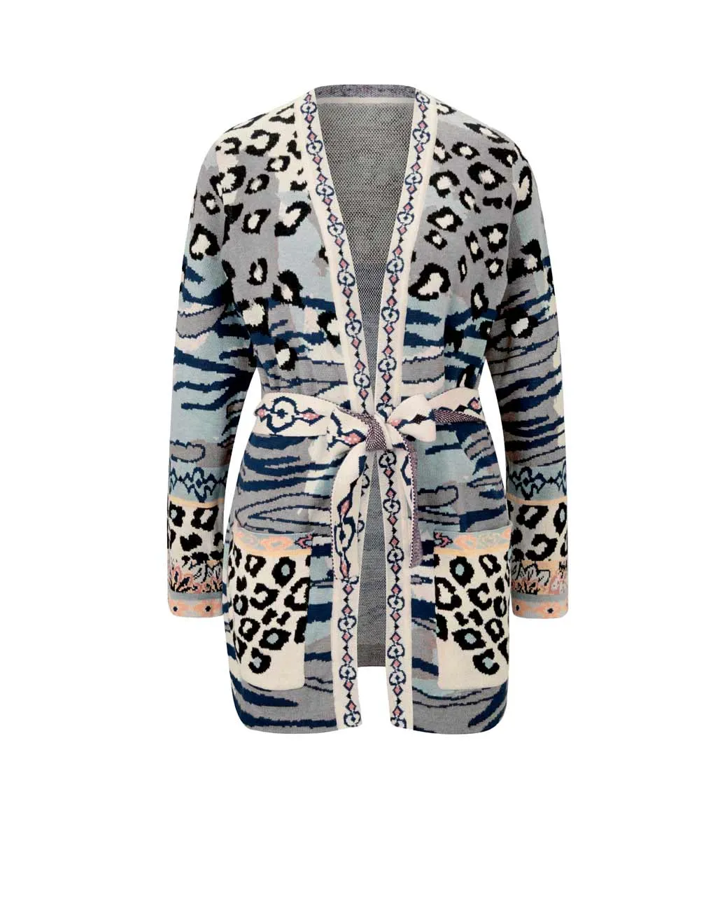 Damen Strickjacke Cardigan Jacke gestrickt mit Gürtel Taschen sesam bunt