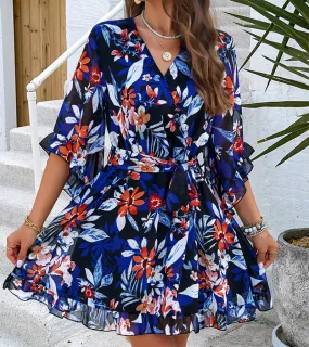 Glamorous Sommer Floral Print Kurze Ärmel Kleid Spitze