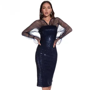 Glitzer Bodycon Langarm Kleid Blair in Dunkelblau Knielang