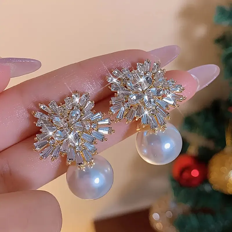 Luxuriöse Perlen- und Rhinestone Schneeflocken Ohrringe