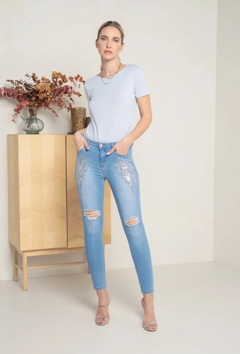 Stretch-Skinny-Jeans mit strassbestickten Engelsflügeln