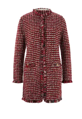 Strickjacke 36  rot gemustert Bouclé Jacke mit Goldknöpfen Fransen